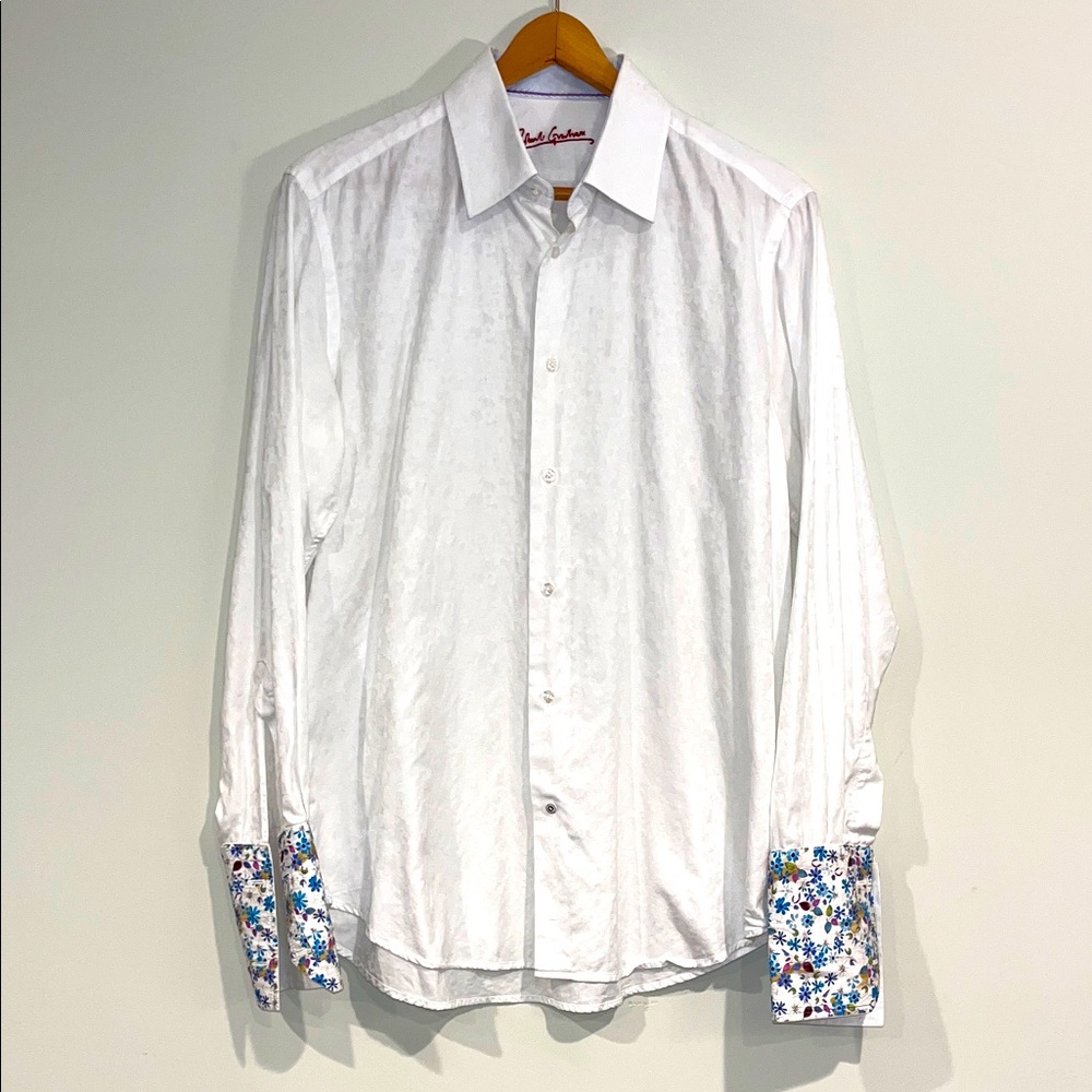 ROBERT GRAHAM Dress Shirt Button Down Textured White Floral Flip Cuff Mens Large